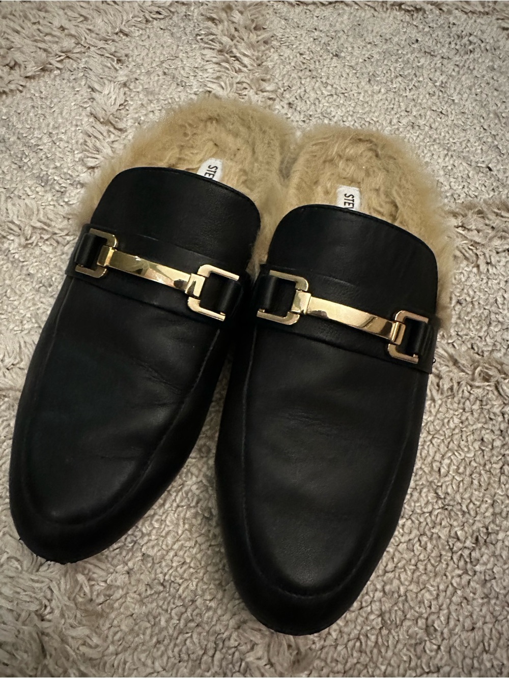 Steve Madden Black Leather Fur-Lined Mule with Gold Accent